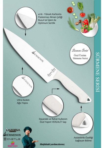 Sürmene Serisi Sivri Mutfak Şef Bıçak Et Ekmek Sebze Salata Şef Bıçağı Beyaz ( MFT-004 ) modelleri