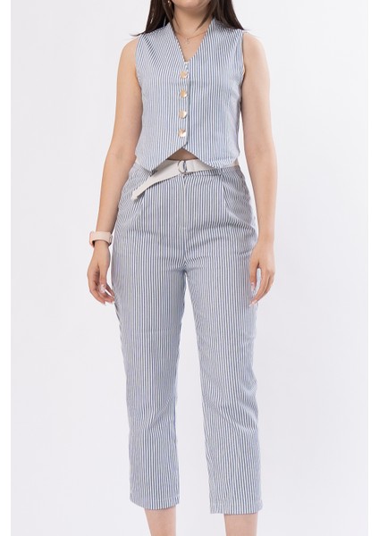 Çizgili Yelek ve Kemerli Pantolon Kot Gabardin Kumaş Takım 9107 modelleri