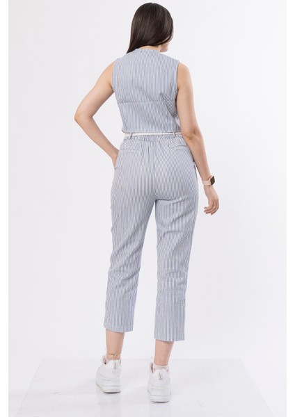 Çizgili Yelek ve Kemerli Pantolon Kot Gabardin Kumaş Takım 9107 fırsatları