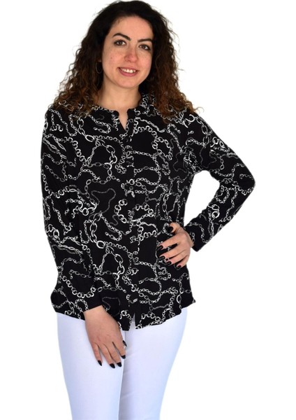 Kadın Zincir Baskılı Düğmeli Viscon Bluz BGL-ST04266