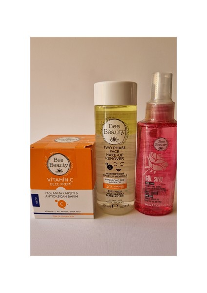Çift Fazlı Yüz Makyaj Temizleyicisi 150 ml Vitamin C Gece Kremi 50 ml Gül Suyu 100 ml