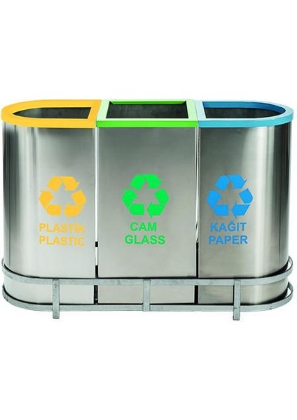 Geri Dönüşüm Kutusu 3lü 304 Pasl. 30*30*60CM GEN:94CM