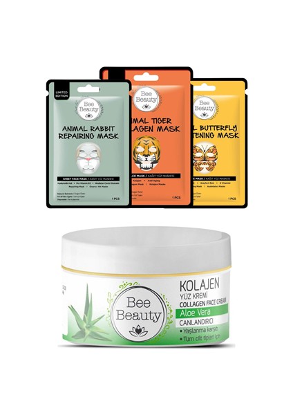 Aloe Vera Kolajen Yüz Kremi 50 ml Animal Kağıt Maske Set 3 x 25 gr