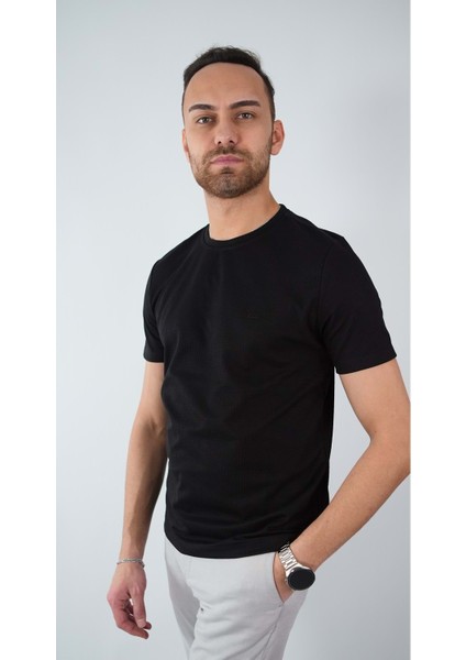 Sıfır Yaka Bisiklet Yaka Petek Dokulu Likralı Siyah Erkek Tshirt fırsatları