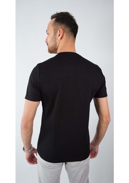 Sıfır Yaka Bisiklet Yaka Petek Dokulu Likralı Siyah Erkek Tshirt indirimleri