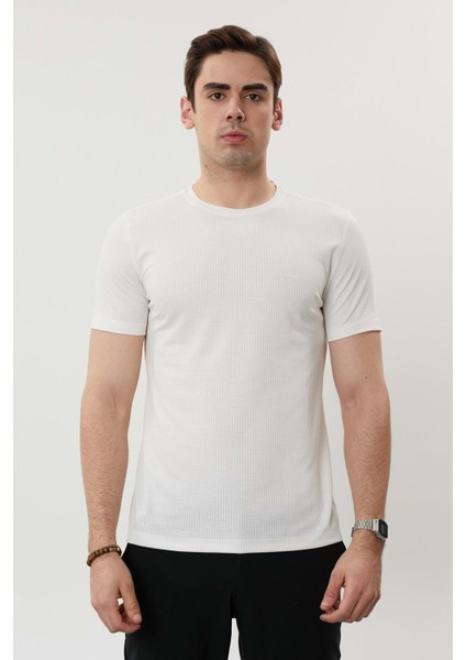 Sıfır Yaka Bisiklet Yaka Petek Dokulu Likralı Beyaz Erkek Tshirt