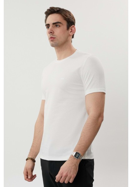 Sıfır Yaka Bisiklet Yaka Petek Dokulu Likralı Beyaz Erkek Tshirt modelleri