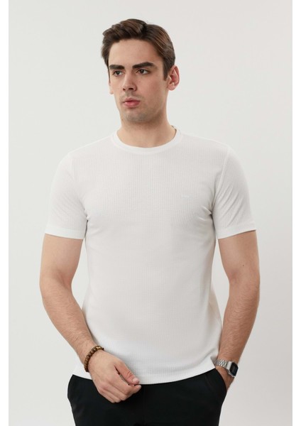 Sıfır Yaka Bisiklet Yaka Petek Dokulu Likralı Beyaz Erkek Tshirt indirimleri