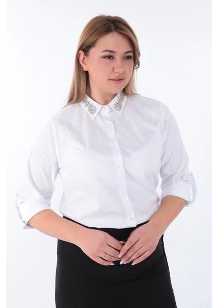 Kadın Yakası Taşlı Cotton Klasik Büyük Beden Ofis Gömlek - 44377