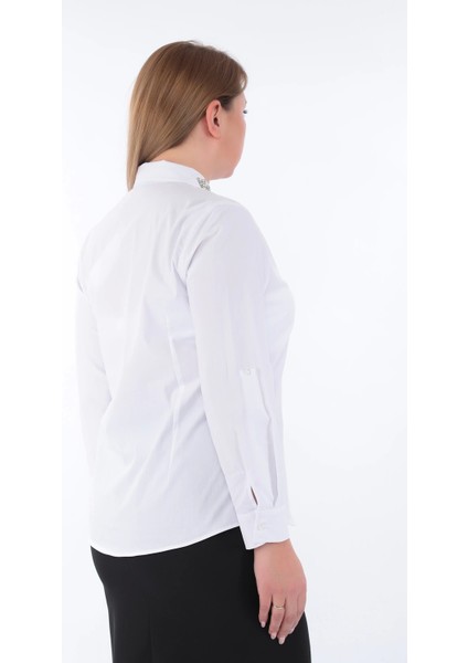 Kadın Yakası Taşlı Cotton Klasik Büyük Beden Ofis Gömlek - 44377 modelleri