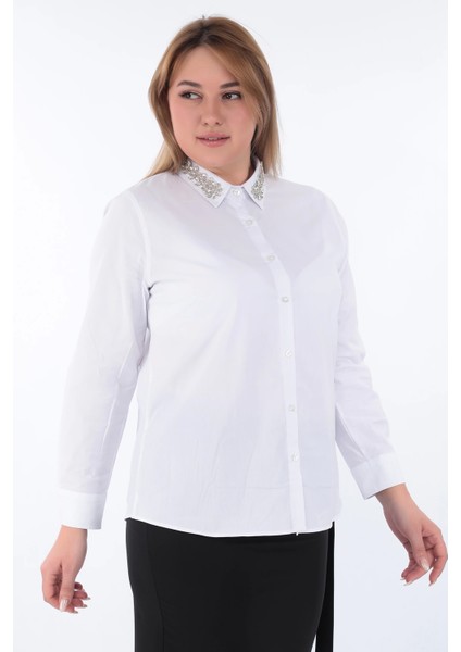 Kadın Yakası Taşlı Cotton Klasik Büyük Beden Ofis Gömlek - 44377 fırsatları