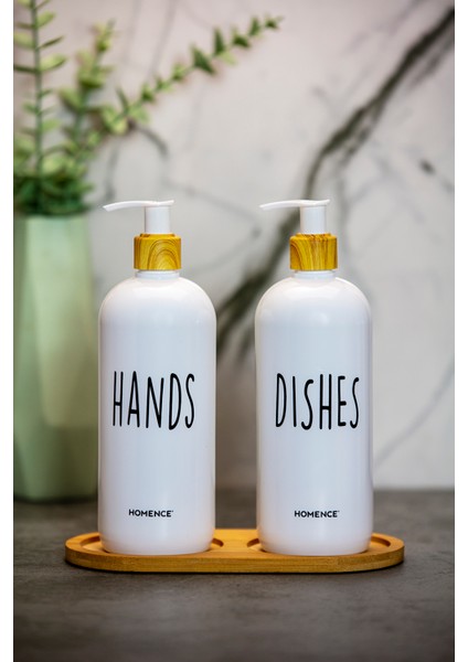 Bambu Standlı 2'li Sıvı Sabun Bulaşık Deterjanı Baskılı, Pompalı Plastik Şişe, Beyaz Bambu 500 ml