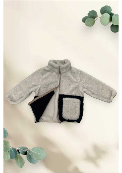 Erkek Çocuk Peluş Ekru Siyah Cepli Fermuarlı Welsoft Kışlık Mont Ml-Fmç-Peluş