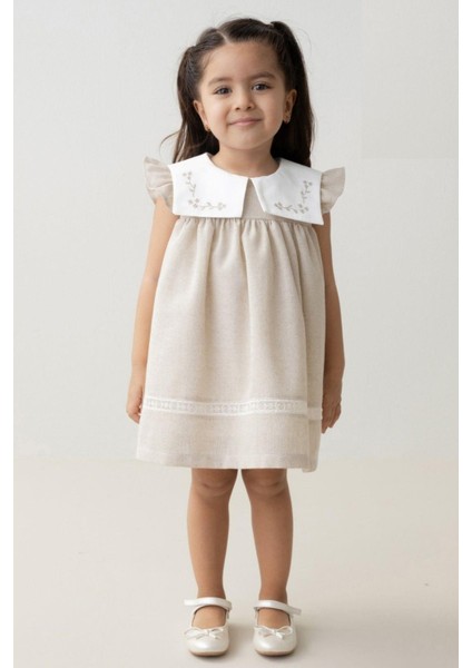 Kız Bebek Kare Yaka Keten Elbise