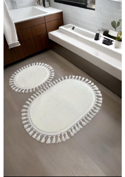 Modern Dekoratif Simirna Peluş Oval Ponpon Saçaklı Klozet Takımı 50X80 - 50X40