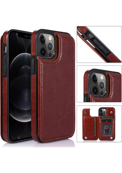 Kart Tutucu Kartı ile IPhone 12 Pro Çift Manyetik Toka Için Cüzdan Kılıf (Yurt Dışından)