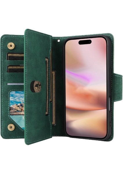IPhone 16 Için Kılıf Artı El Kayışı ile Fermuar Cüzdan Kapak Manyetik Kart (Yurt Dışından)