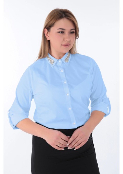 Kadın Yakası Taşlı Cotton Klasik Büyük Beden Ofis Gömlek - 44377 fırsatları
