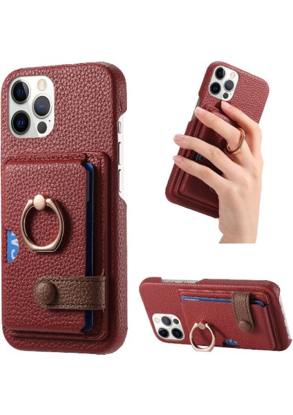 IPhone 12 Için Kılıf Pro Premium Dokulu Deri Kart Yuvaları Halka Standı (Yurt Dışından)