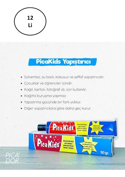 Pica Kids Su Bazlı Solventsiz 90 gr Yapıştırıcı Tüp 12'li