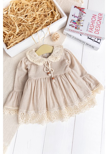 Dantel Detaylı Dokuma Kumaş Bej Kız Bebek Elbise Şık Özelgün Elbise