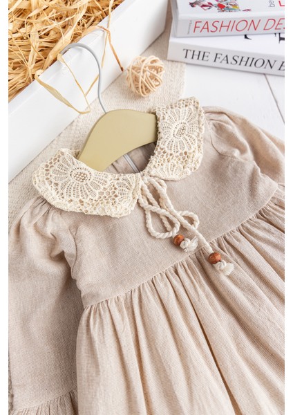 Dantel Detaylı Dokuma Kumaş Bej Kız Bebek Elbise Şık Özelgün Elbise fiyatları
