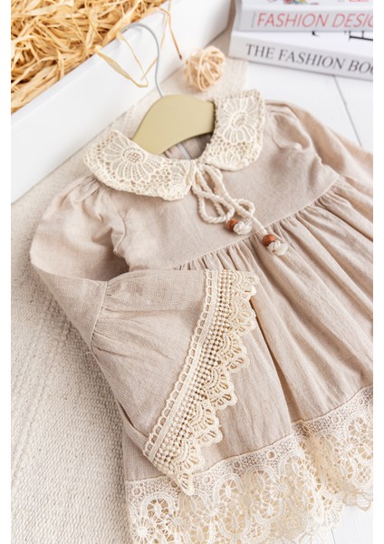 Dantel Detaylı Dokuma Kumaş Bej Kız Bebek Elbise Şık Özelgün Elbise modelleri