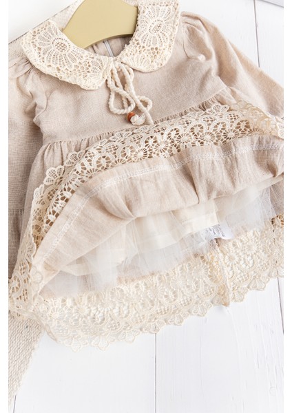 Dantel Detaylı Dokuma Kumaş Bej Kız Bebek Elbise Şık Özelgün Elbise fırsatları