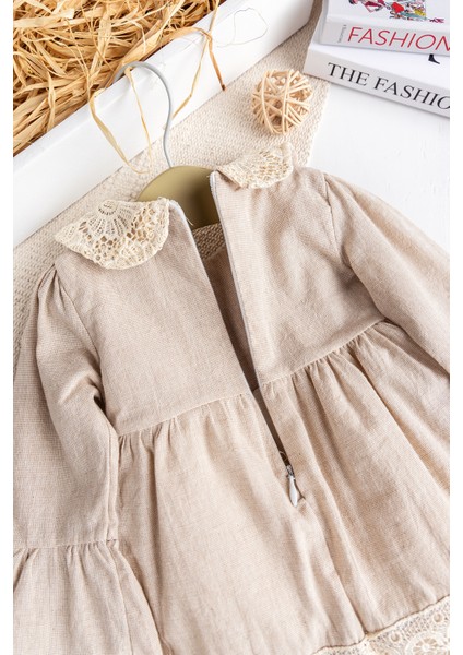 Dantel Detaylı Dokuma Kumaş Bej Kız Bebek Elbise Şık Özelgün Elbise indirimleri