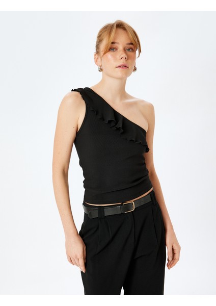 Fırfır Detaylı Kolsuz Tek Omuz Bluz