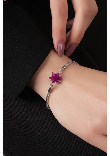 925 Ayar Gümüş Ruby Taşlı Küp Zincirli Özel Tasarım Lotus Çiçeği Bileklik