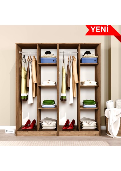 Kardelen Serisi Çam 4 Kapılı 8 Raflı 2 Askılı Elbise Dolabı 160 cm - Gardırop Seti
