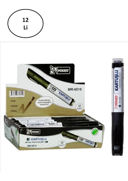 Mikro MR-6019 Kartuşlu Beyaz Tahta Kalemi Siyah 12'li