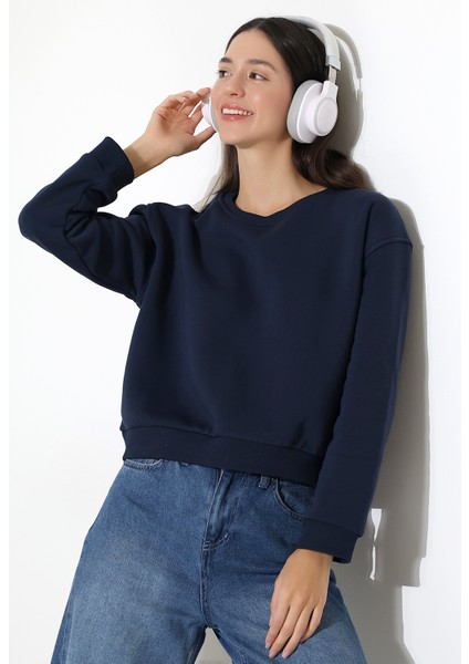 Şardonlu Oversize Bisiklet Yaka Geniş Kalıp Sweatshirt 21614 Lacivert