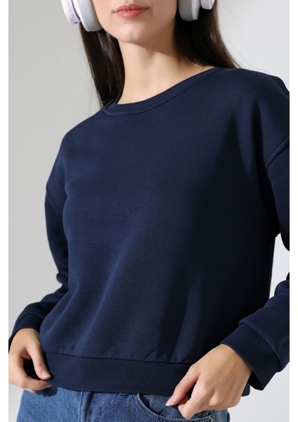 Şardonlu Oversize Bisiklet Yaka Geniş Kalıp Sweatshirt 21614 Lacivert fiyatları