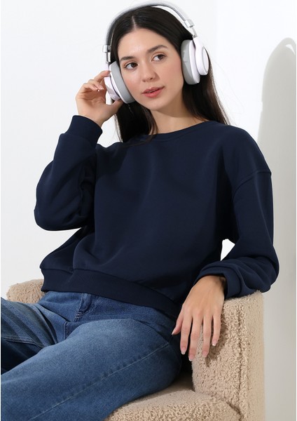 Şardonlu Oversize Bisiklet Yaka Geniş Kalıp Sweatshirt 21614 Lacivert modelleri