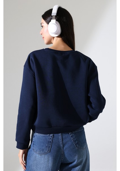 Şardonlu Oversize Bisiklet Yaka Geniş Kalıp Sweatshirt 21614 Lacivert fırsatları