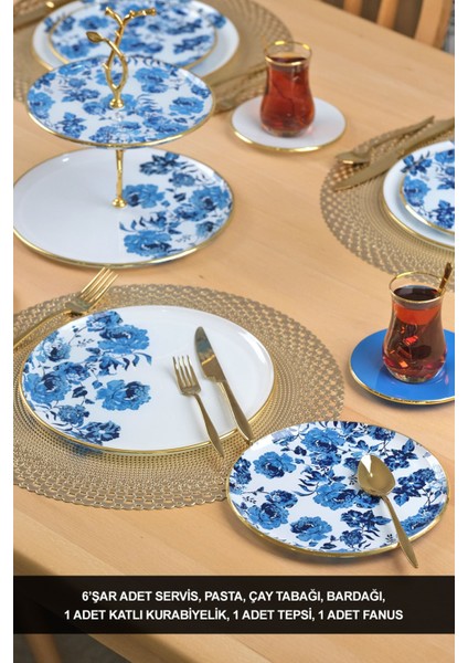 Blue Rose Altın Yaldızlı 6 Kişilik 28 Parça Pasta Çay Servis Takımı