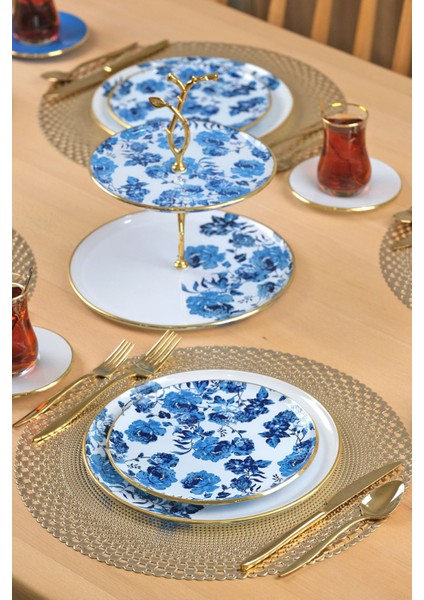 Blue Rose Altın Yaldızlı 6 Kişilik 28 Parça Pasta Çay Servis Takımı modelleri