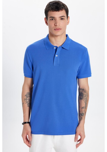 Erkek Slim Fit Dar Kesim %100 Pamuk Koyu Mavi Polo Yaka Tişört