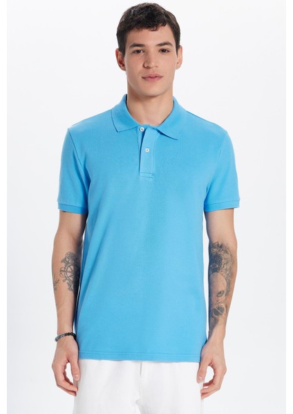 Erkek Slim Fit Dar Kesim %100 Pamuk Mavi Polo Yaka Tişört