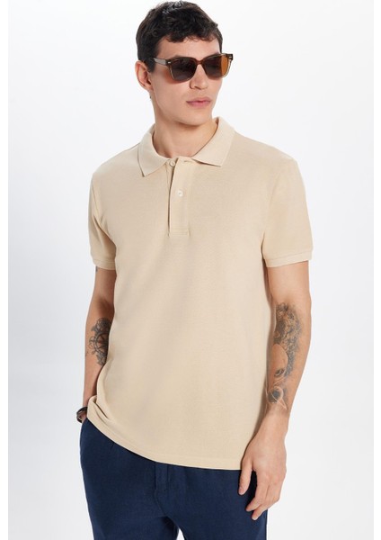 Erkek Slim Fit Dar Kesim Pamuk Bej Polo Yaka Tişört