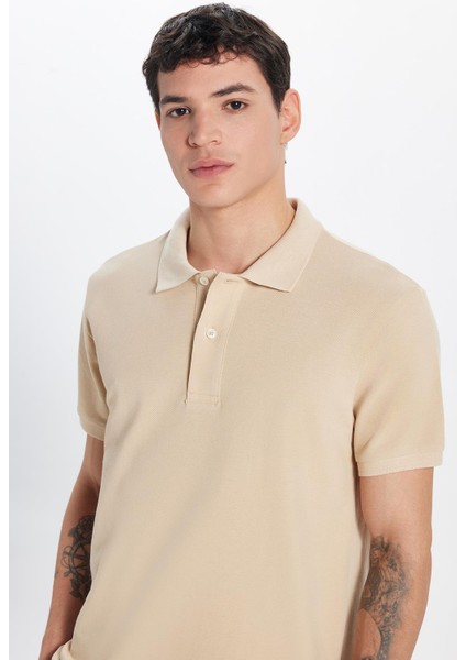 Erkek Slim Fit Dar Kesim Pamuk Bej Polo Yaka Tişört