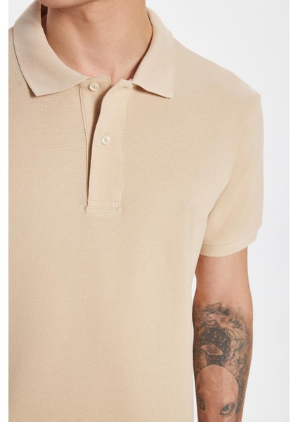 Erkek Slim Fit Dar Kesim Pamuk Bej Polo Yaka Tişört