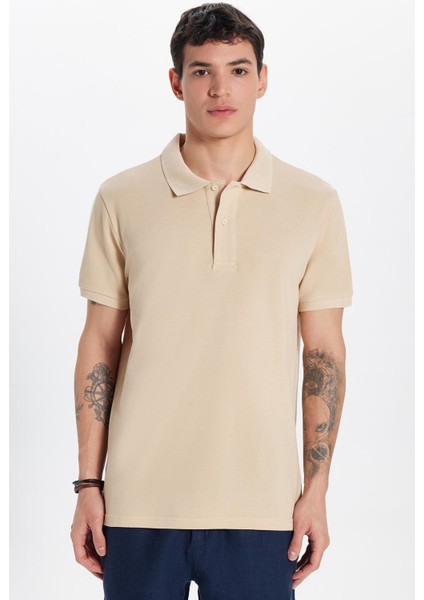 Erkek Slim Fit Dar Kesim Pamuk Bej Polo Yaka Tişört