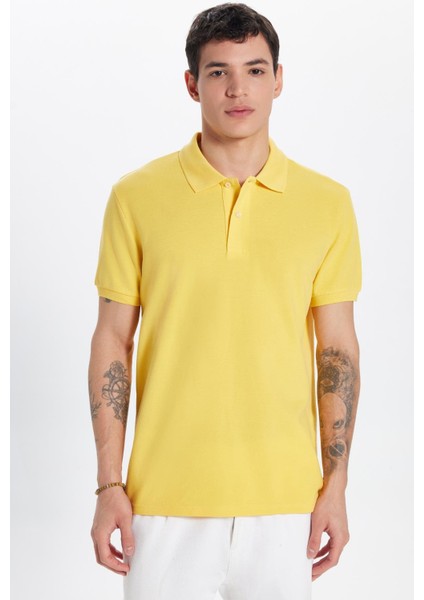 Erkek Slim Fit Dar Kesim %100 Pamuk Sarı Polo Yaka Tişört