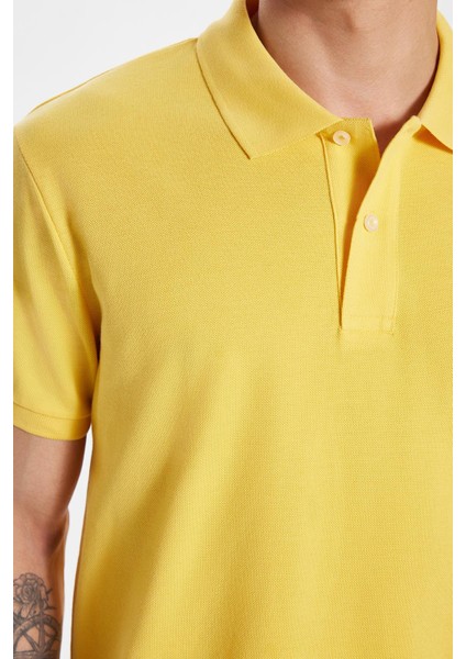 Erkek Slim Fit Dar Kesim %100 Pamuk Sarı Polo Yaka Tişört