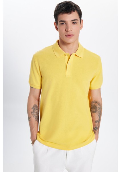 Erkek Slim Fit Dar Kesim %100 Pamuk Sarı Polo Yaka Tişört