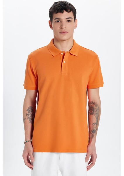 Erkek Slim Fit Dar Kesim Pamuk Turuncu Polo Yaka Tişört