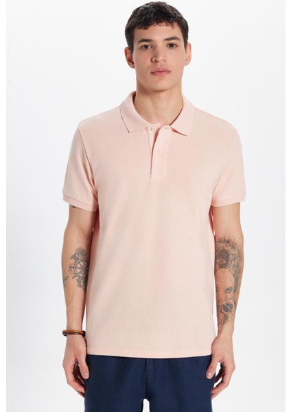 Erkek Slim Fit Dar Kesim Pamuk Somon Polo Yaka Tişört
